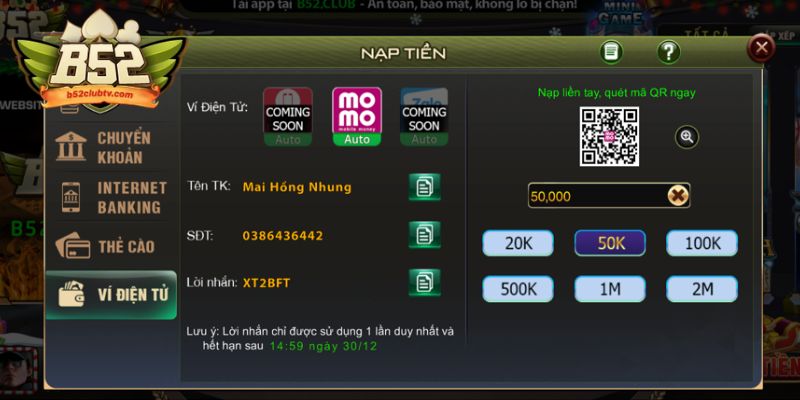 Nạp tiền B52club qua ví điện tử momo